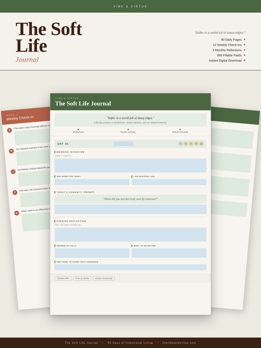 The Soft Life Journal — 90-Day Guided Mindfulness Journal | Fillable PDF | Instant Download