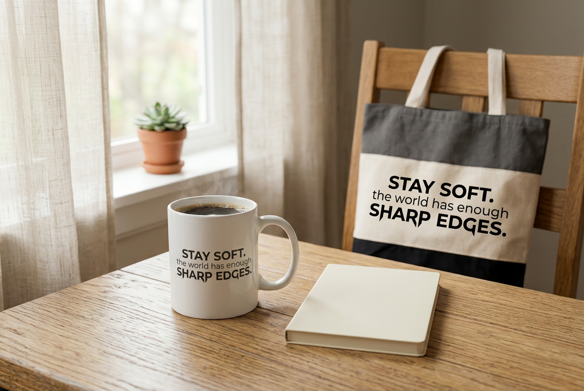 Vibe & Virtue welcome image with the Stay Soft mug and tote in a warm morning setting